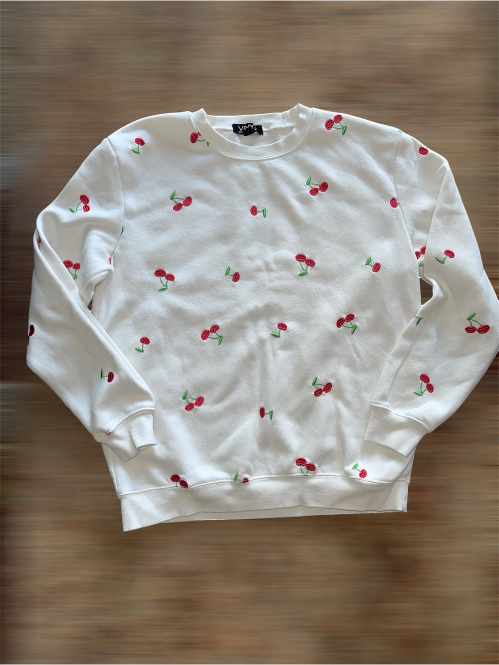 Womens White Crewneck Sweatshirt with red embroidered cherries - SMALL
